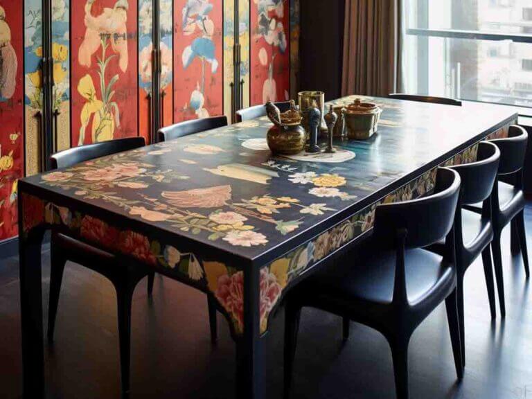 The second life of the dining table. Covering with vinyl wallpaper. Floral pattern.