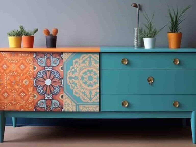 An example of wallpapering the front doors of a dresser.