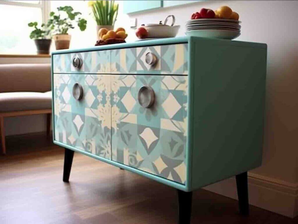 Dresser. The fronts are wallpapered. Geometric pattern. Vinyl.