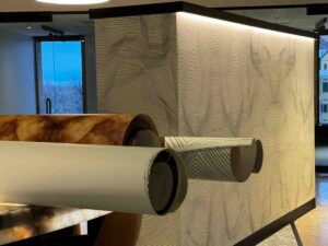 commercial wallpaper installation Denver Colorado textured vinyl wallcovering reception desk modern interior durable wall finish