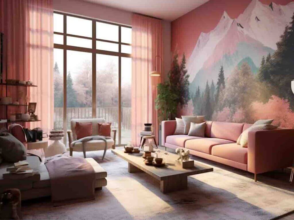 Pink wallpaper. Mural mountain