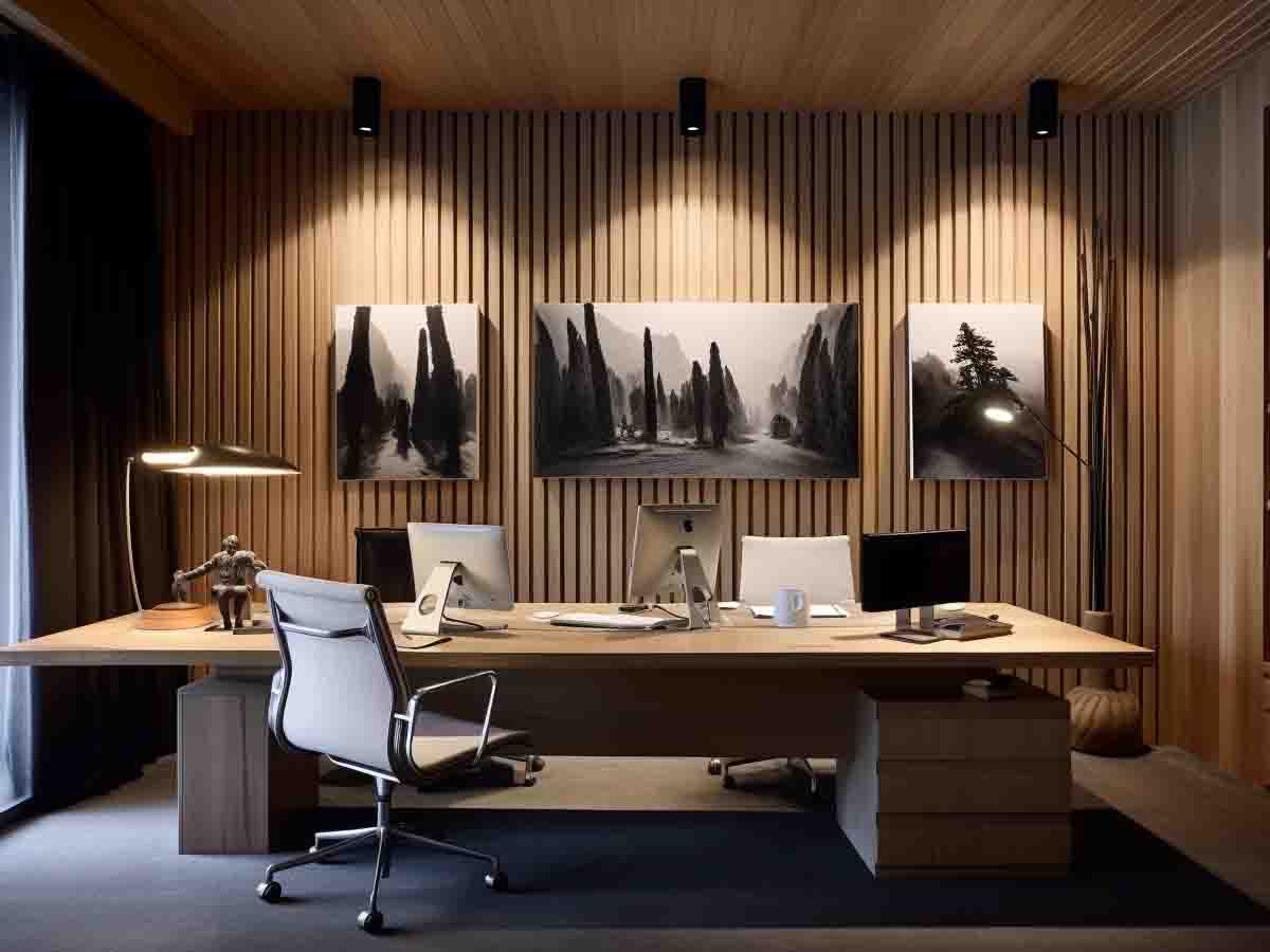 modern office wood slat wall panels installation Golden Colorado workspace vertical wood accent wall design
