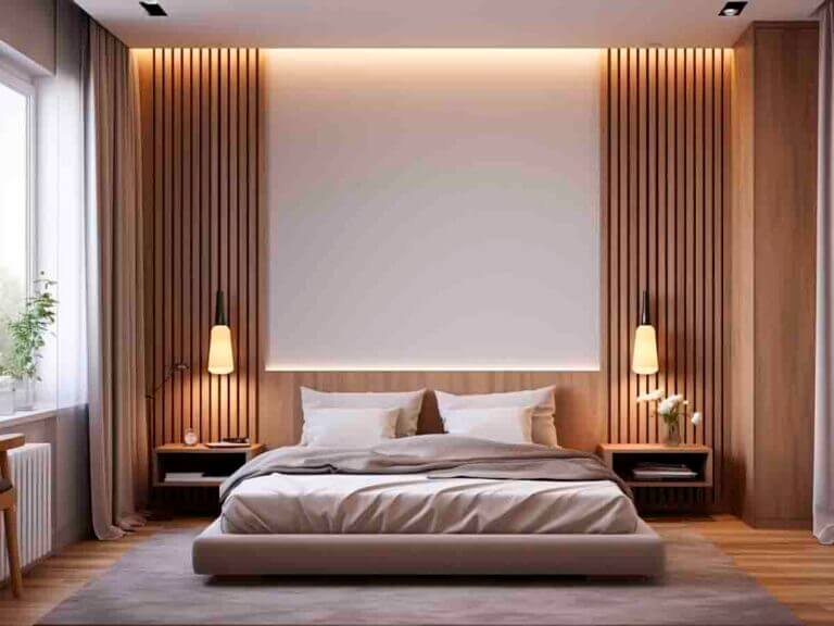 Bedroom. Wooden wall panels.