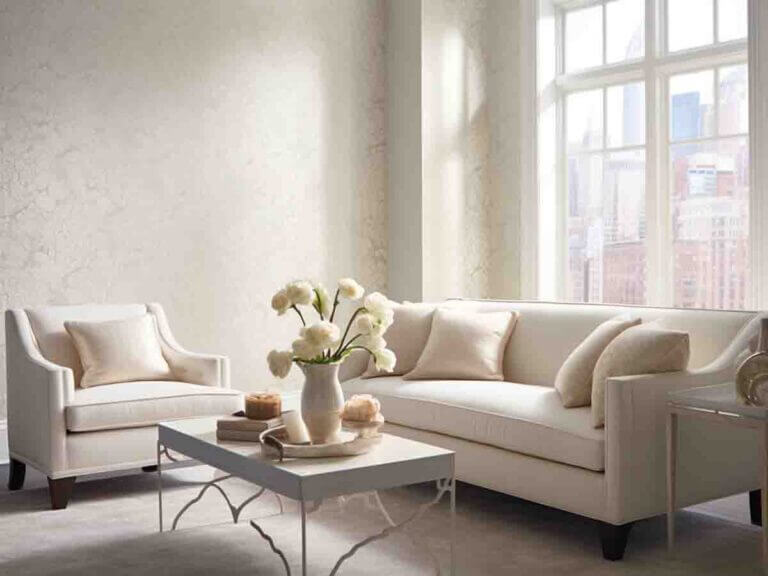 Living room. White wallpaper. Peel and stick