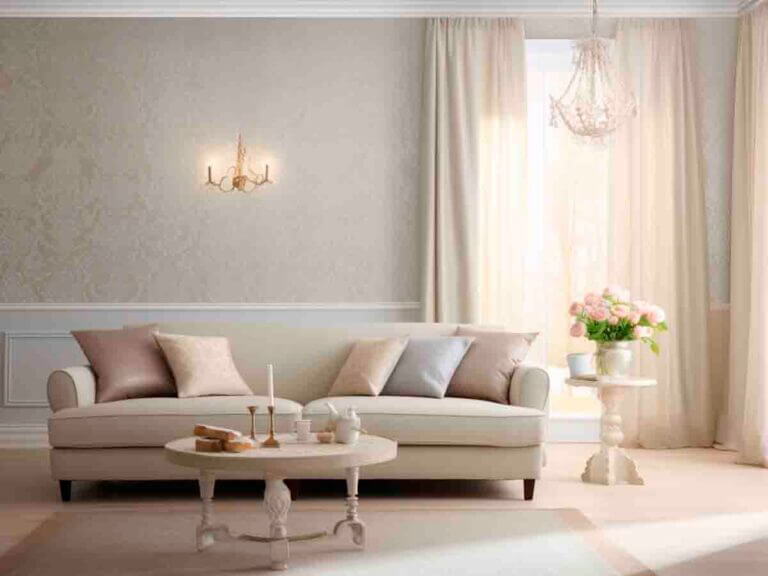 Living room. White wallpaper. Vinyl.