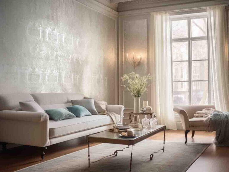 Living room. White wallpaper