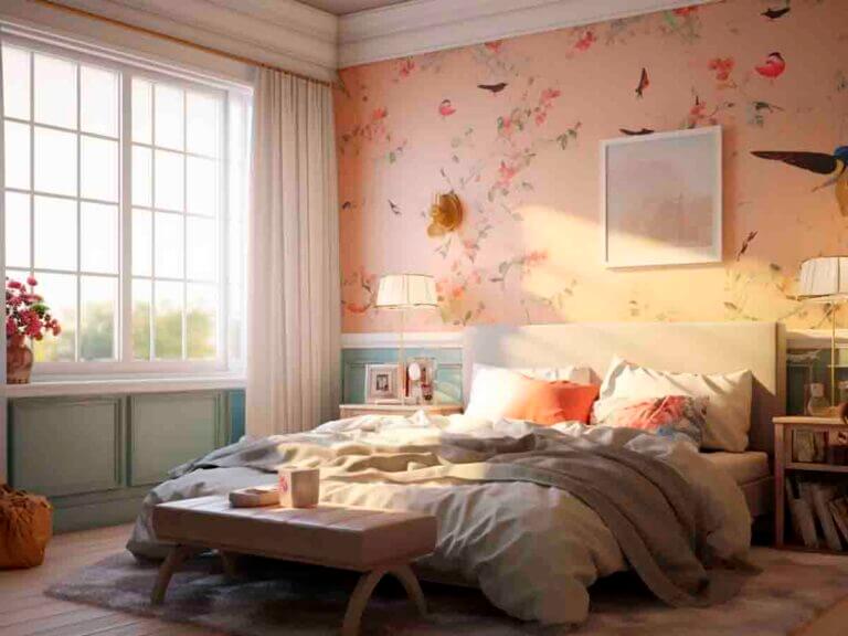 Bedroom. Pink wallpaper.