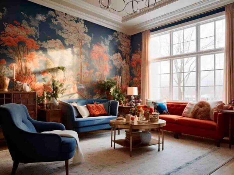 Living room. Flower wallpaper.
