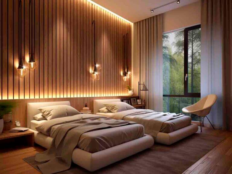 Wood cladding walls. Bedroom.