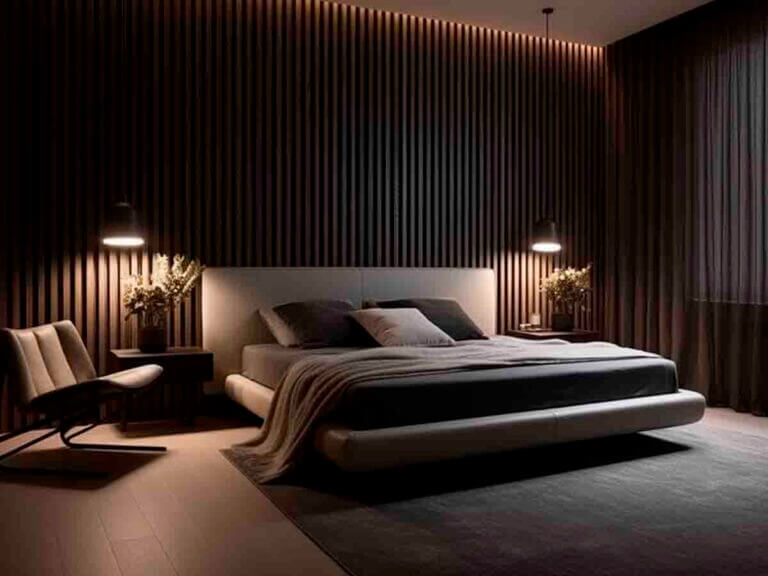 Wood cladding walls. Bedroom.