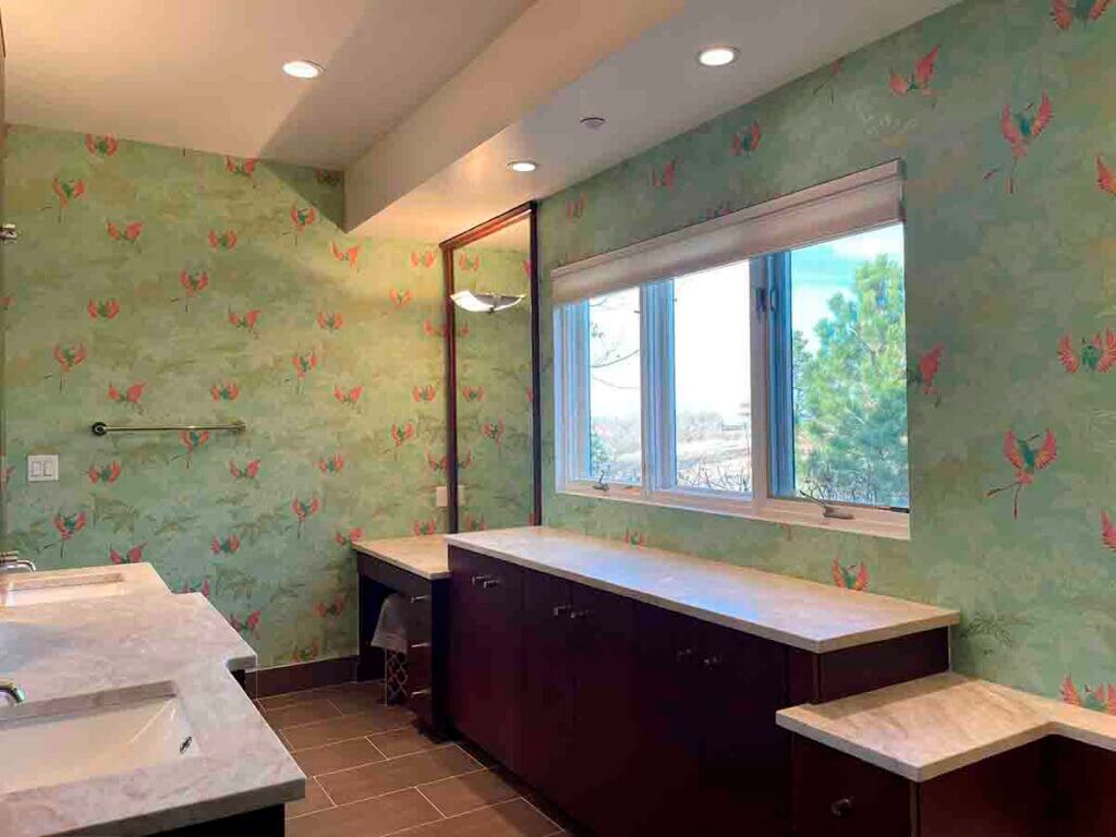 bathroom wallpaper installation Georgetown Colorado green bird pattern paper wallpaper vanity window