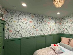 floral peel and stick wallpaper bedroom installation Fort Collins Colorado green wainscoting accent wall