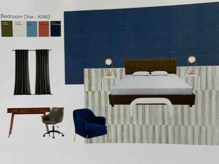 bedroom mood board wallpaper design Lakewood Colorado blue accent wall interior concept