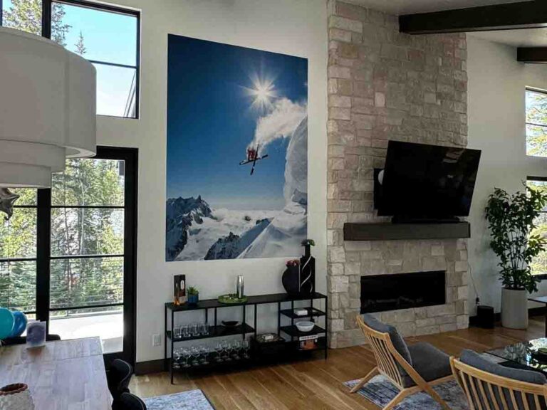 vinyl wall mural installation Aspen Colorado luxury living room mountain scene accent wall