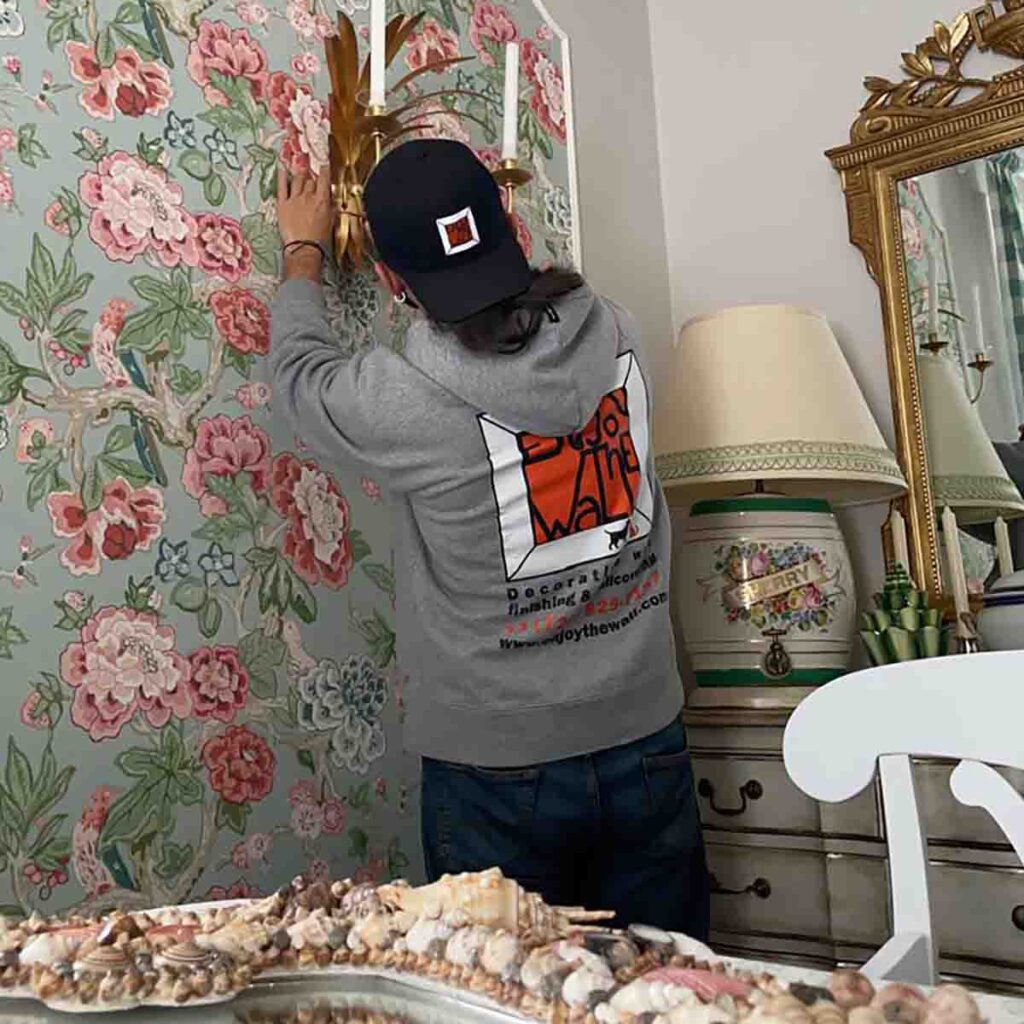 Wallpaper installer working floral Spoonflower wallpaper bedroom Denver metro area