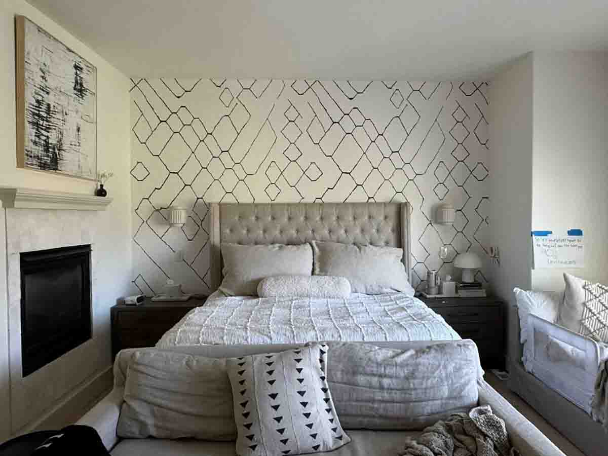 Bedroom wallpaper installation Denver metro area geometric pattern pre-pasted wallpaper accent wall