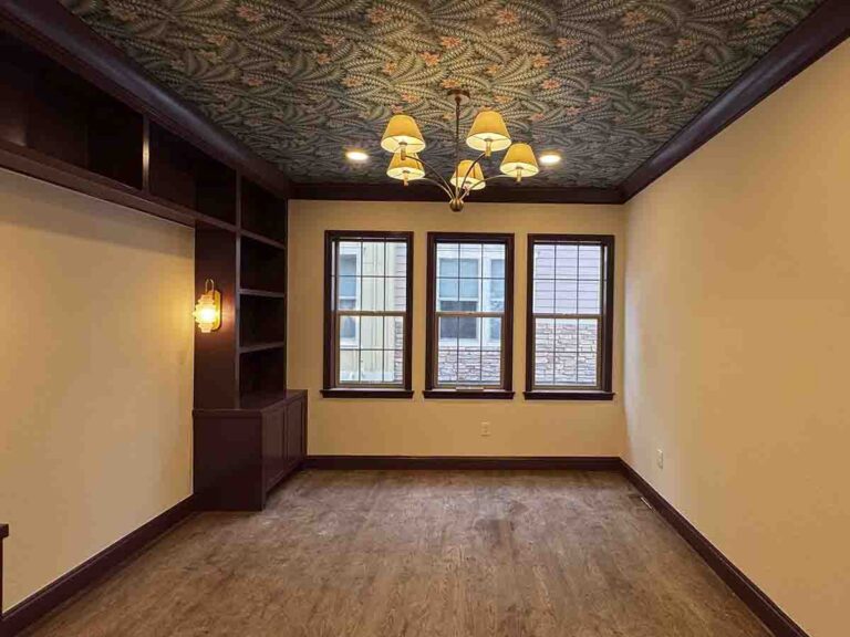 Non-woven wallpaper ceiling installation coffered room Denver metro area
