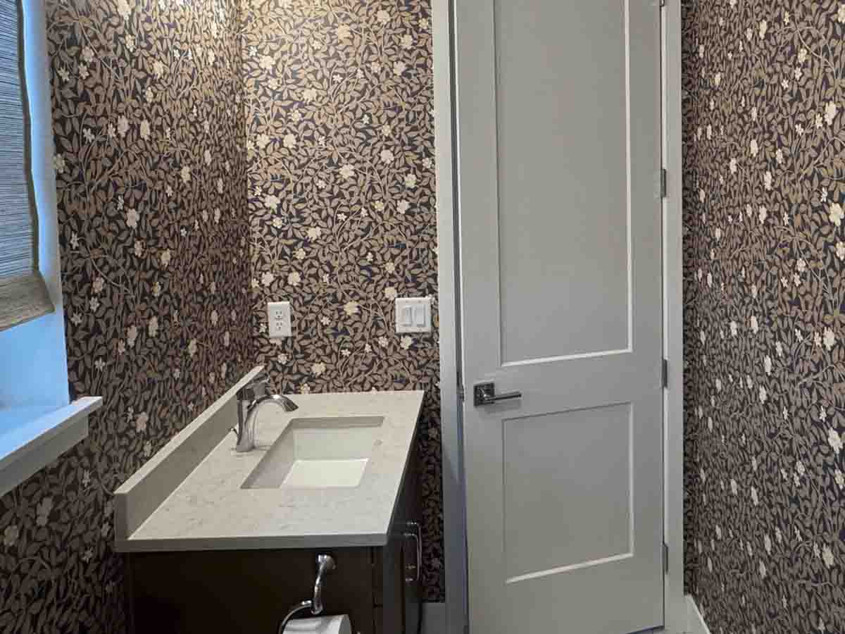 Non-woven wallpaper installation bathroom floral pattern Aurora CO