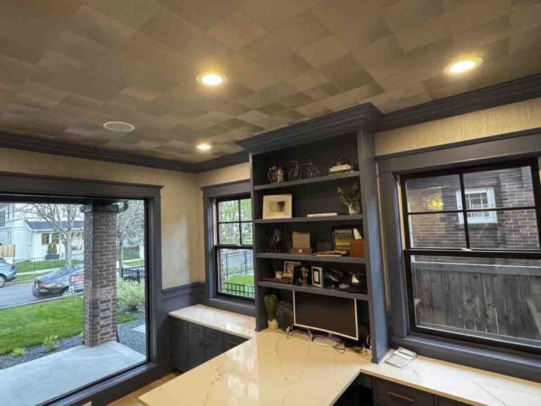 Vinyl wallpaper installation home office windows ceiling pattern Denver metro area