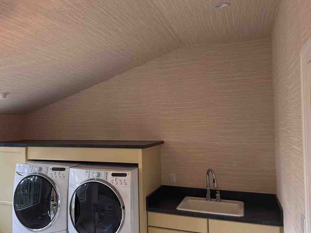 Vinyl grasscloth wallpaper installation laundry room sink washer dryer Denver metro area
