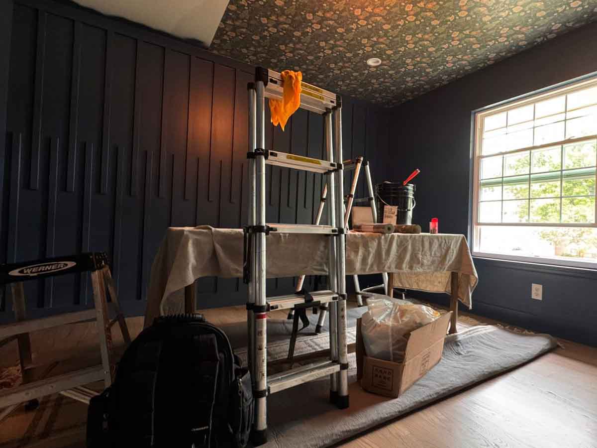 Wallpaper ceiling installation process floral pattern Denver metro area