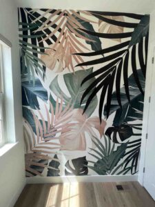 Tropical leaf wallpaper mural installation Denver metro area accent wall