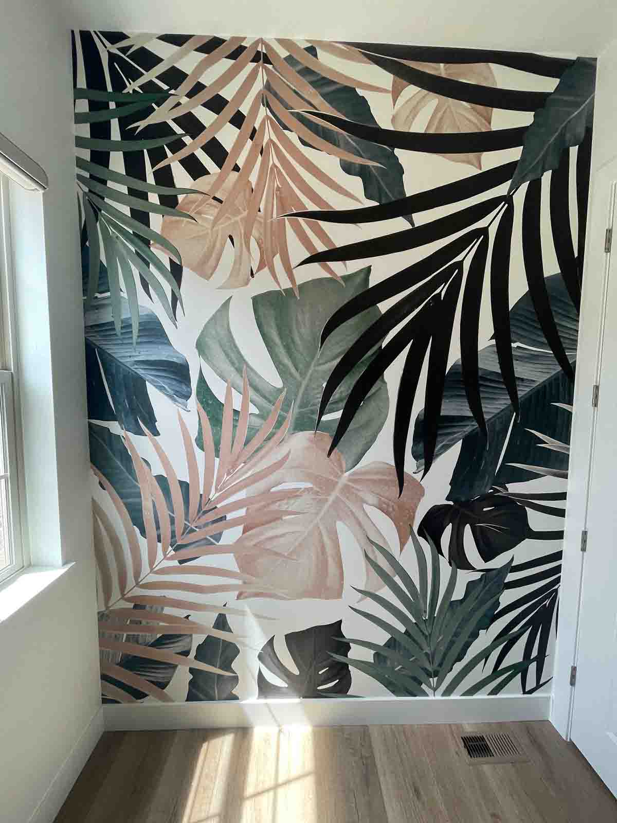 Tropical leaf wallpaper mural installation Crested Butte accent wall