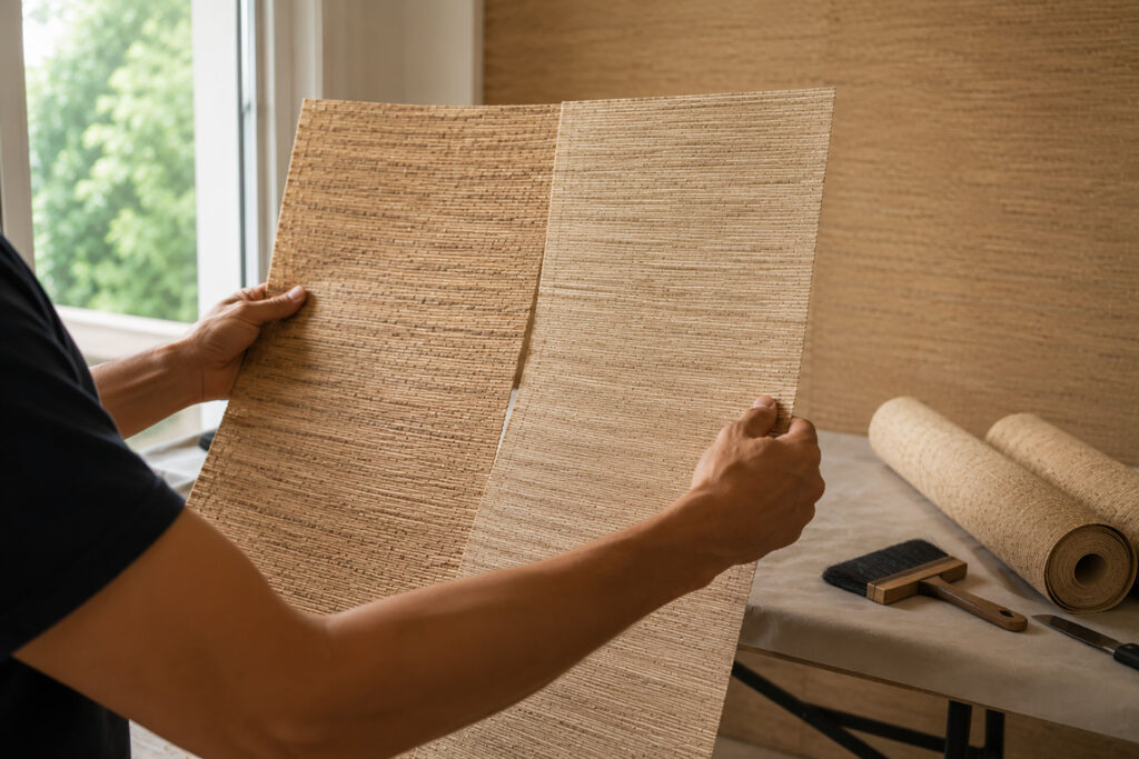 Installer comparing two sheets of natural grasscloth wallpaper to check color and texture variation before installation.