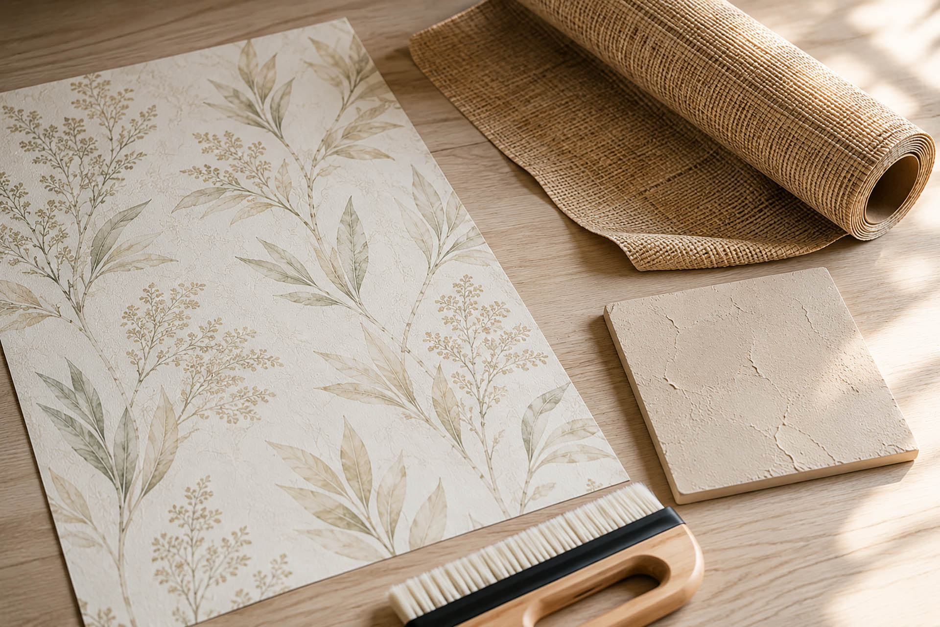 Designer wallpaper, grasscloth, and decorative plaster samples arranged on a wooden surface for an interior design consultation.