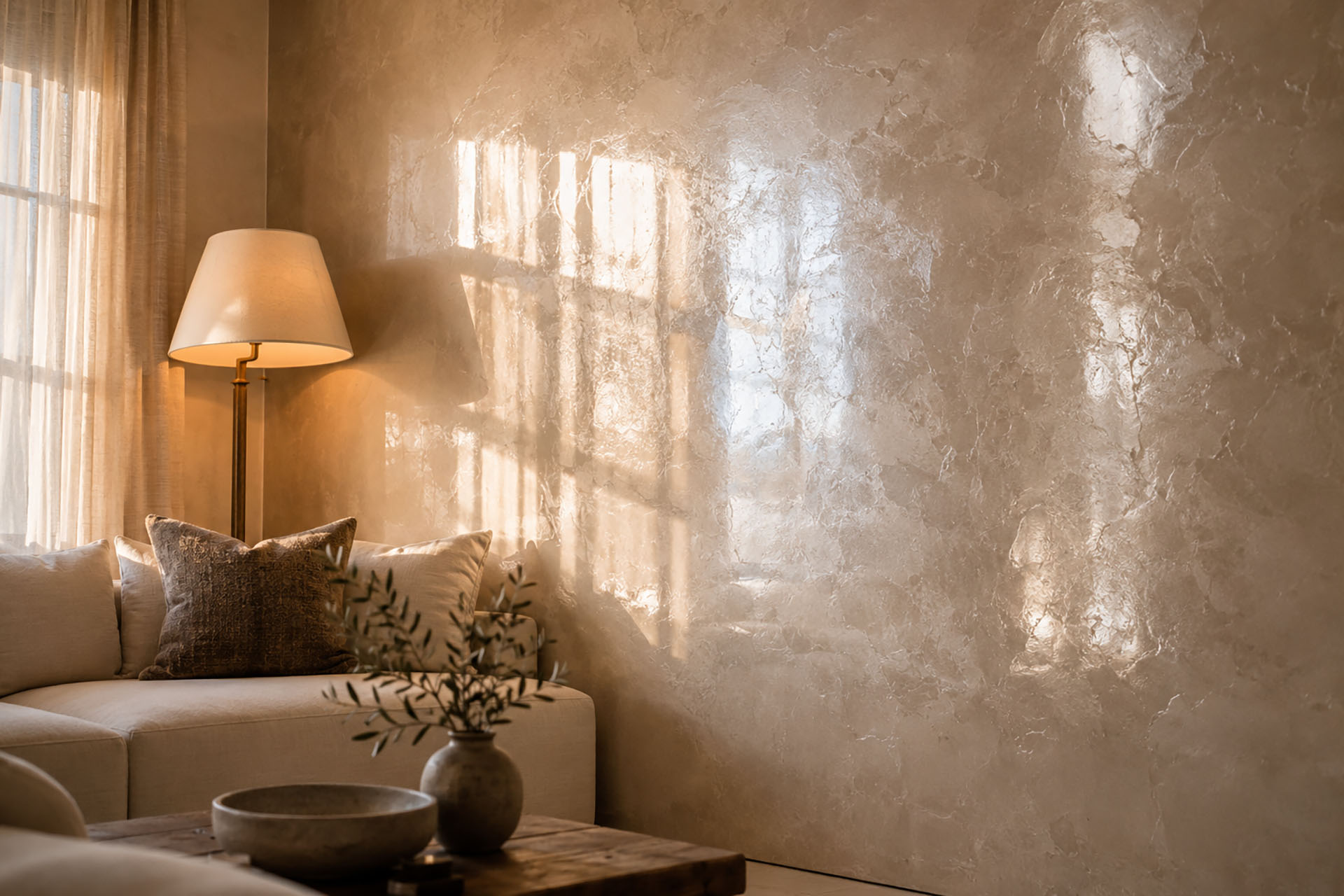 Mirror-polished Grassello di Calce Venetian plaster accent wall in a luxury living room with warm natural light.