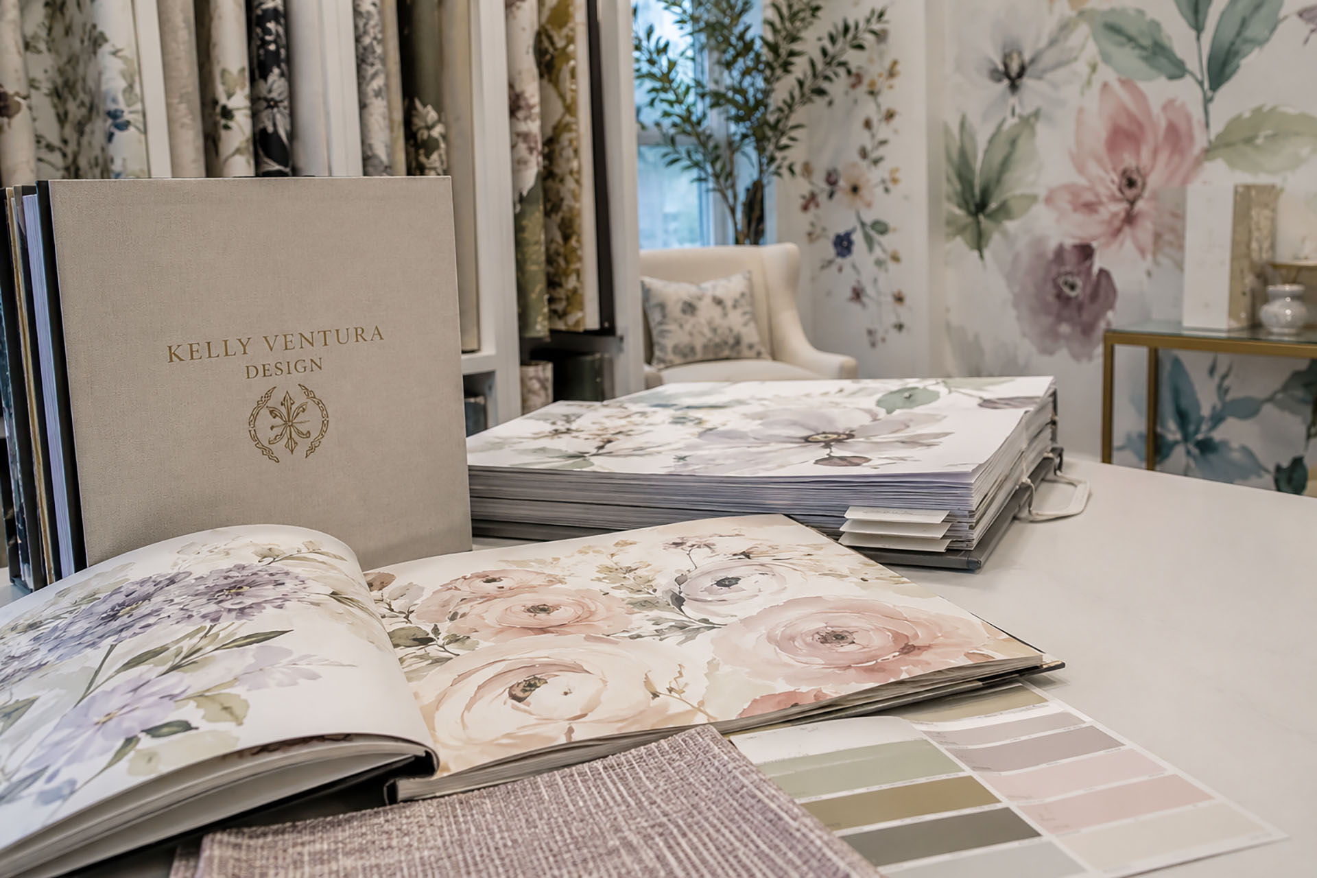 Kelly Ventura Design watercolor botanical wallpaper featured in a luxury bedroom interior