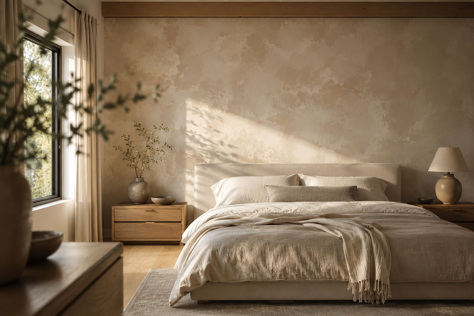 Hand-applied limewash accent wall with soft mineral texture behind a bed in a modern primary bedroom featuring linen bedding, white oak flooring, and natural wood furniture.