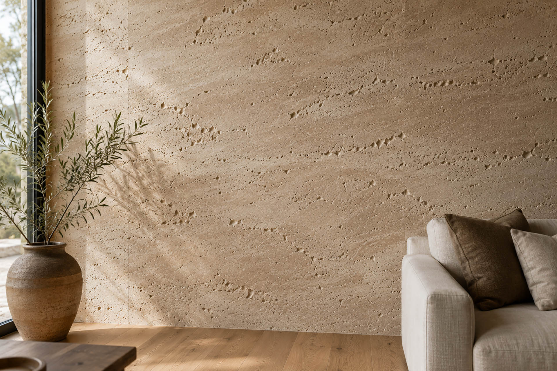 Enjoy The Wall luxury travertine decorative plaster accent wall with authentic hand-applied limestone texture, natural mineral pores, and warm beige tones in a contemporary living room.