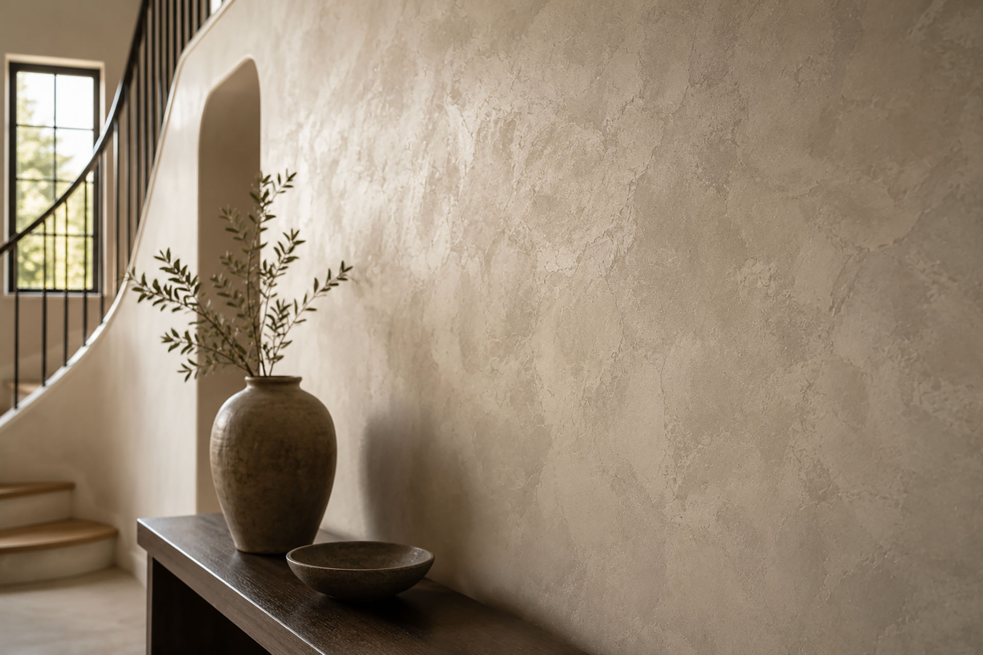 Marmorino Venetian plaster accent wall with a soft matte stone finish in a luxury entryway.