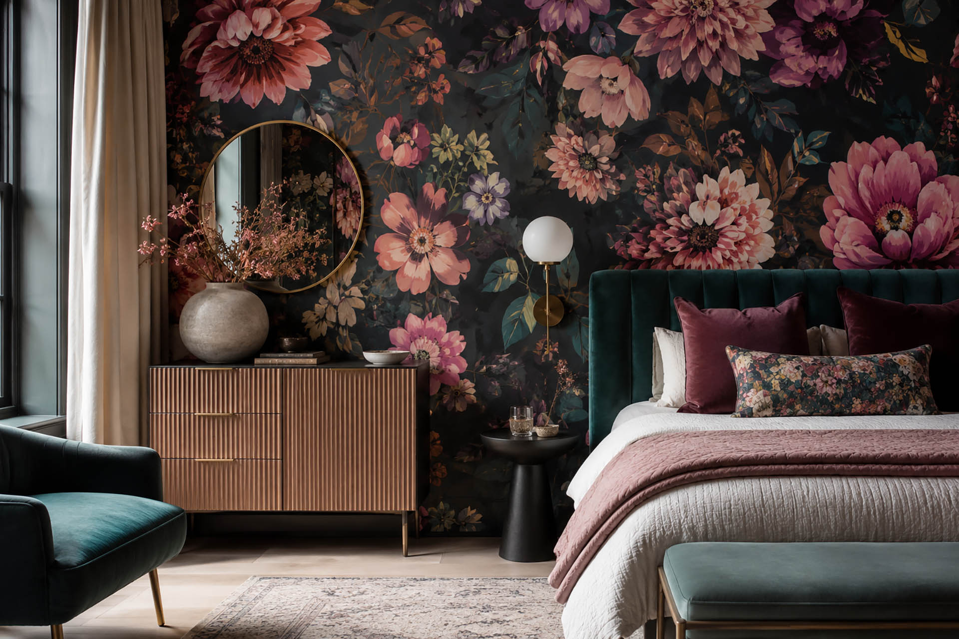Milton & King designer floral wallpaper installed as a bold bedroom accent wall in a luxury Colorado home