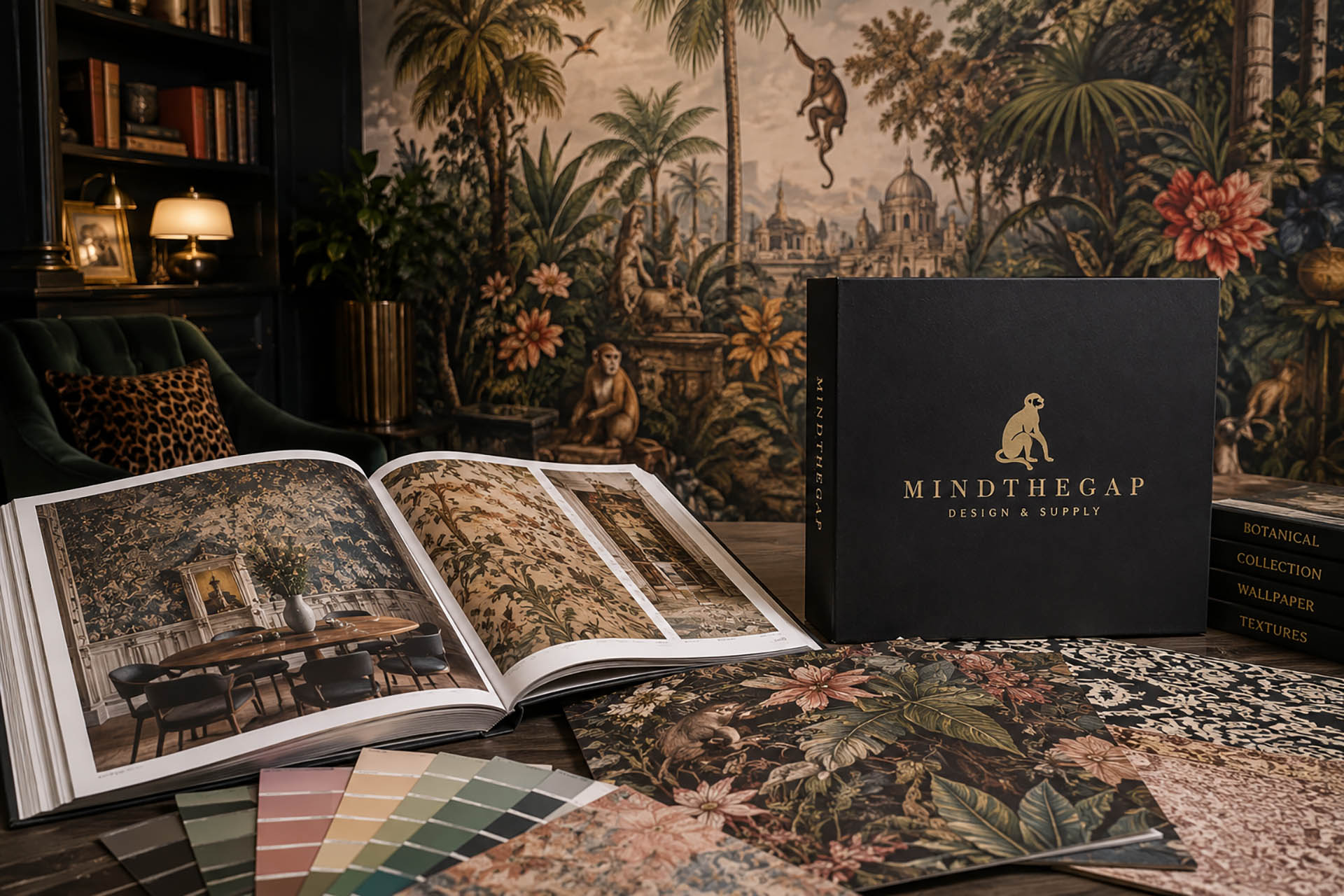 Mind the Gap designer wallpaper featuring a dramatic botanical mural in a luxury dining room