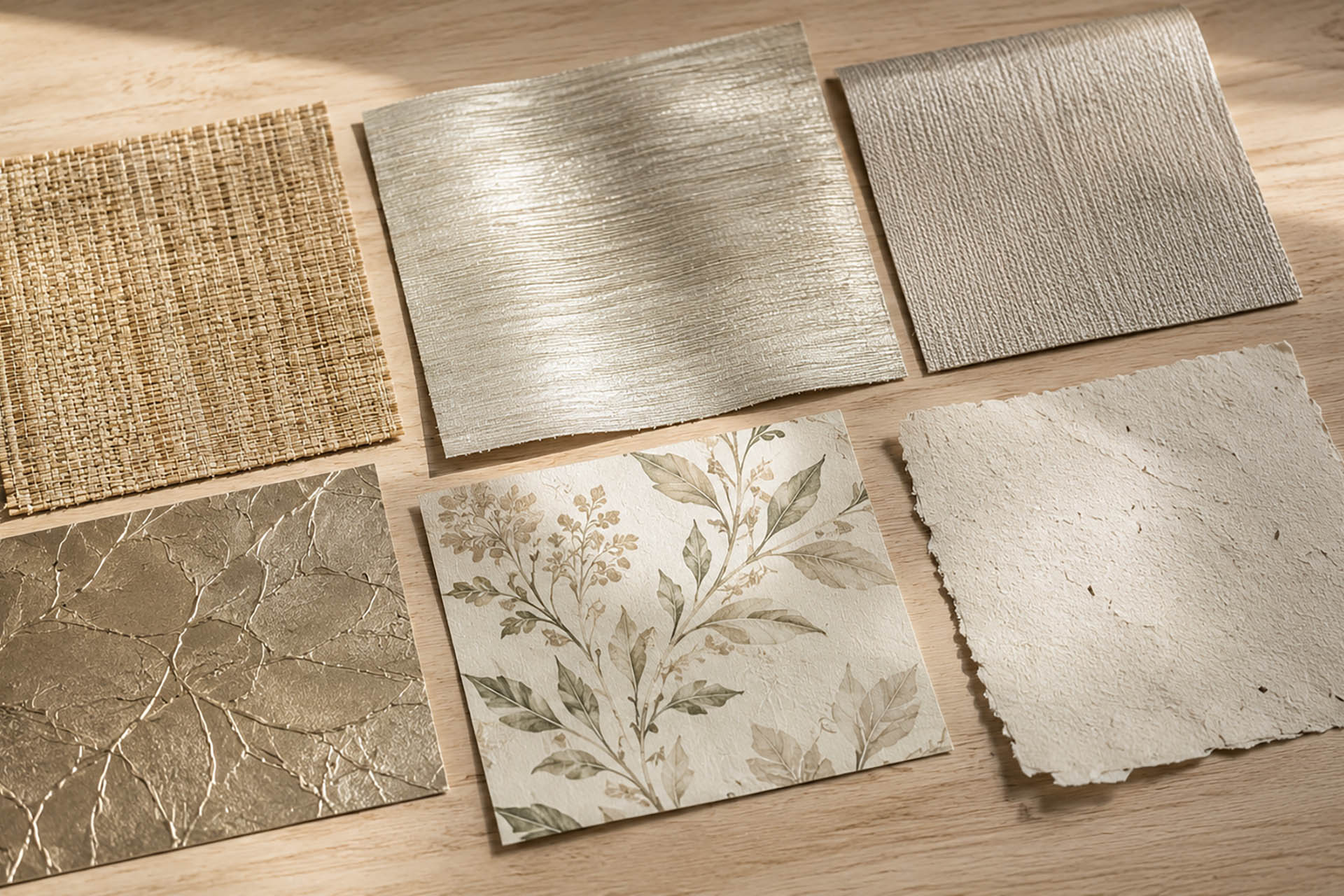 Premium wallcovering material samples including grasscloth, textile, vinyl, metallic, printed, and handmade wallpaper displayed on a wooden surface.
