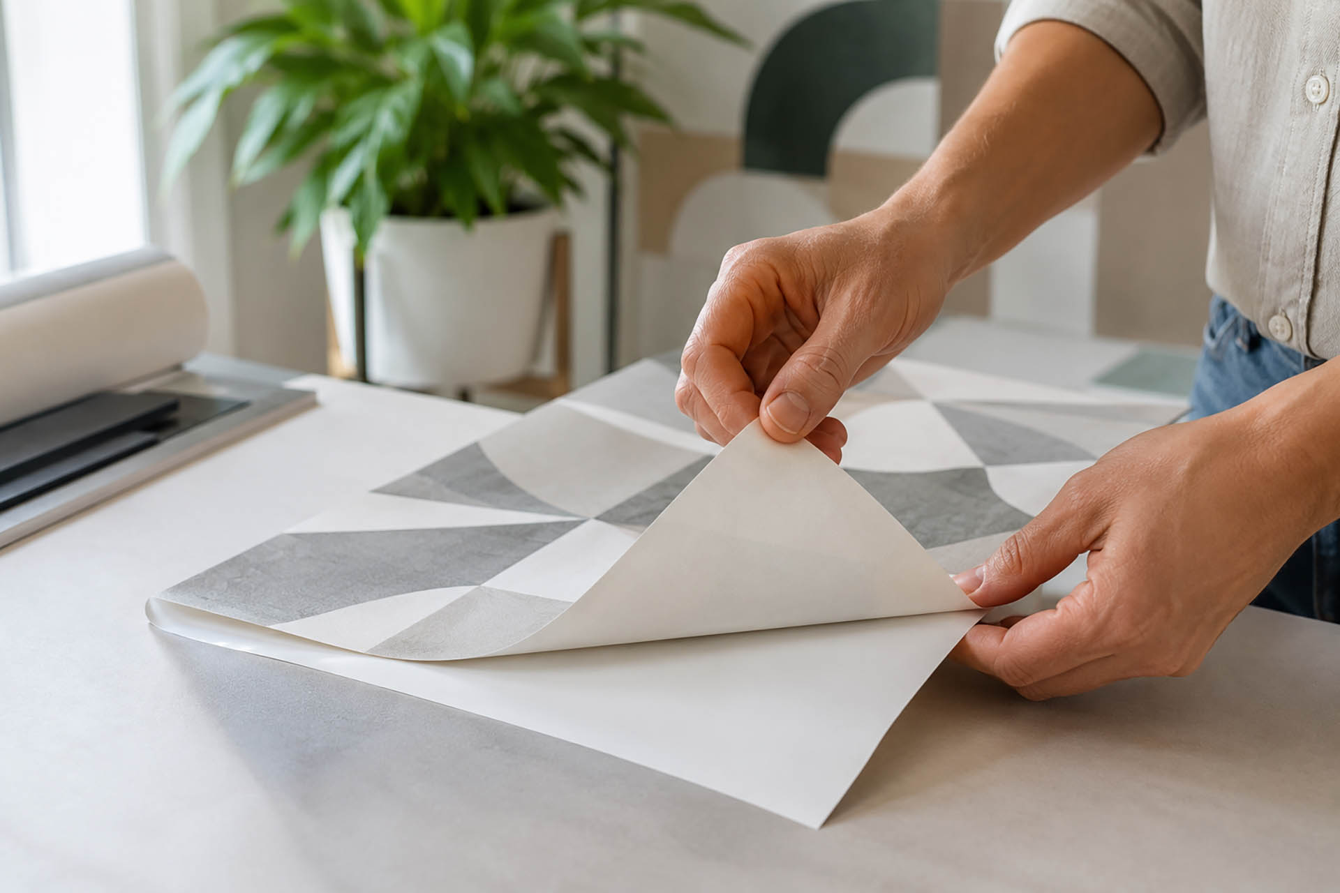 Hands peeling the backing paper from peel and stick wallpaper before installation on an accent wall.