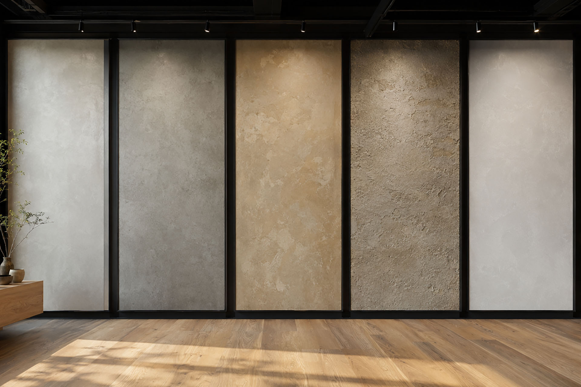 Professional decorative plaster showroom featuring five full-height display walls finished with different hand-applied concrete plaster systems, including microcement, Beton Stucco, and textured concrete finishes.
