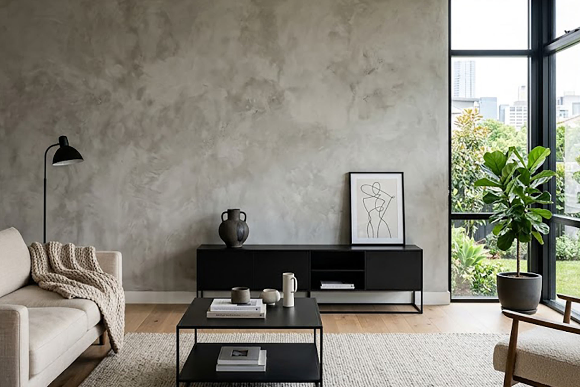 Hand-applied pure concrete decorative plaster feature wall with authentic mineral texture in a contemporary luxury living room.
