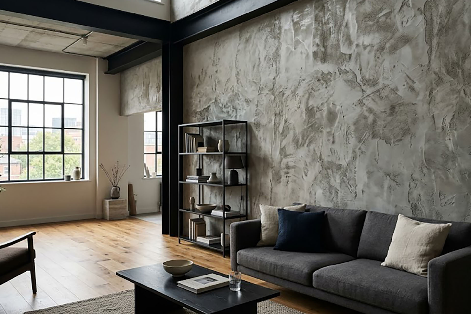 Hand-applied rough industrial concrete plaster feature wall with bold trowel texture in a contemporary loft-style living room.