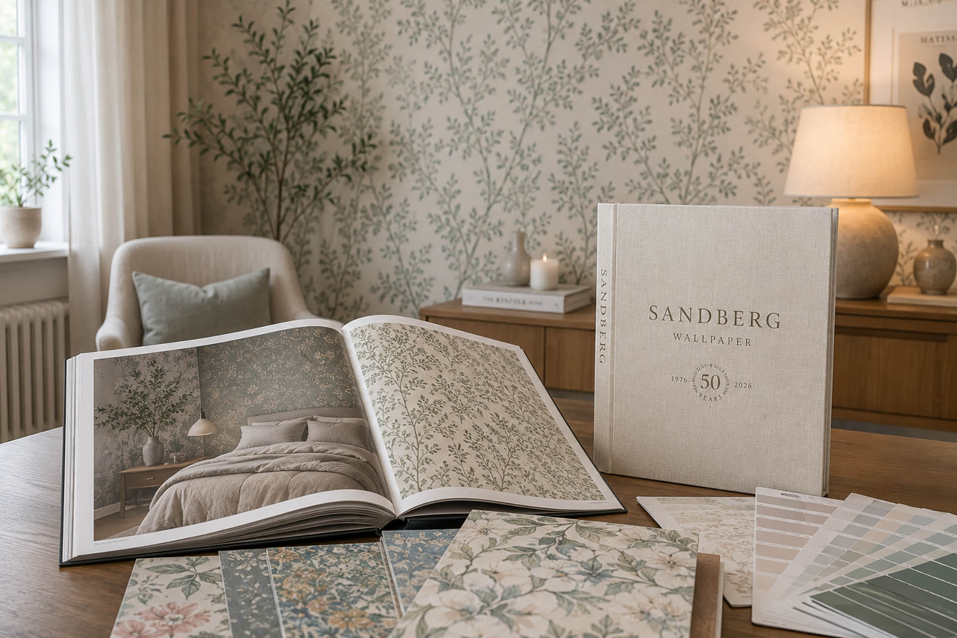 Sandberg Wallpaper botanical wallcovering in a Scandinavian-style bedroom with soft natural tones