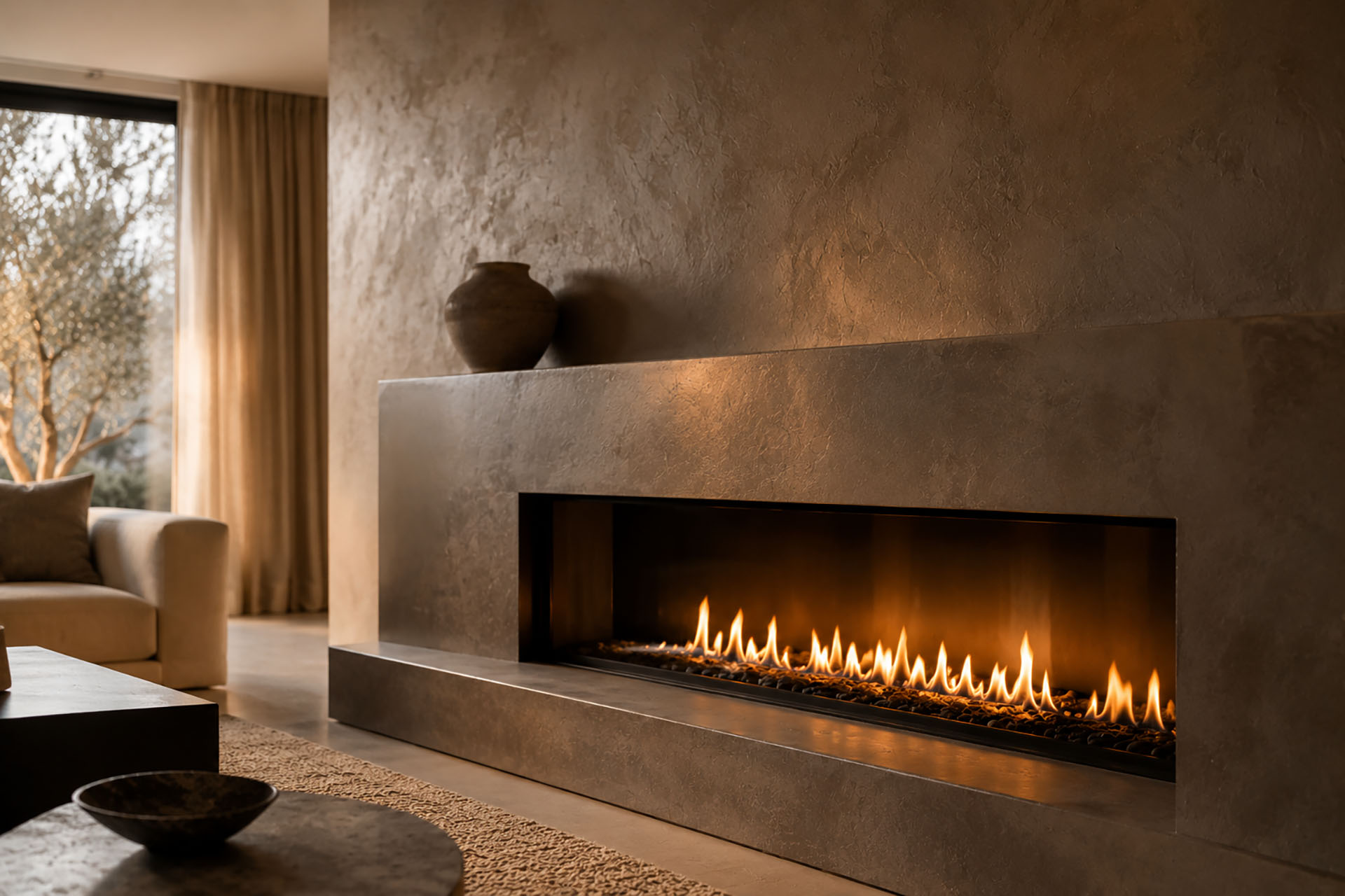 Seamless Venetian plaster fireplace surround with a modern linear fireplace in a luxury contemporary living room.