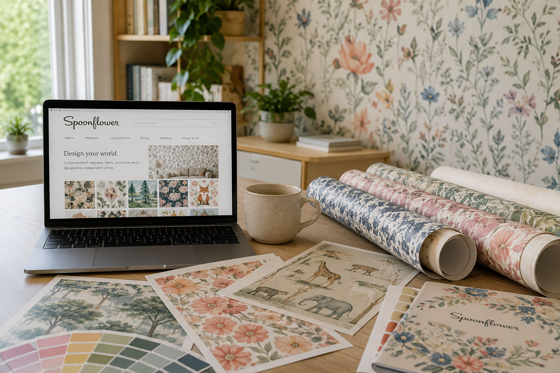 Spoonflower custom designer wallpaper samples and personalized botanical wallcoverings in a creative home studio