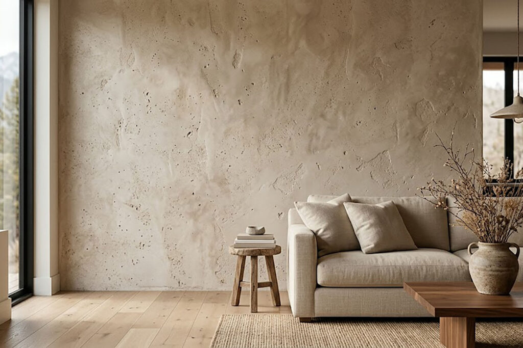 Travertine-effect decorative plaster accent wall with hand-applied limestone texture in a modern Mediterranean living room featuring a linen sofa and natural oak flooring.