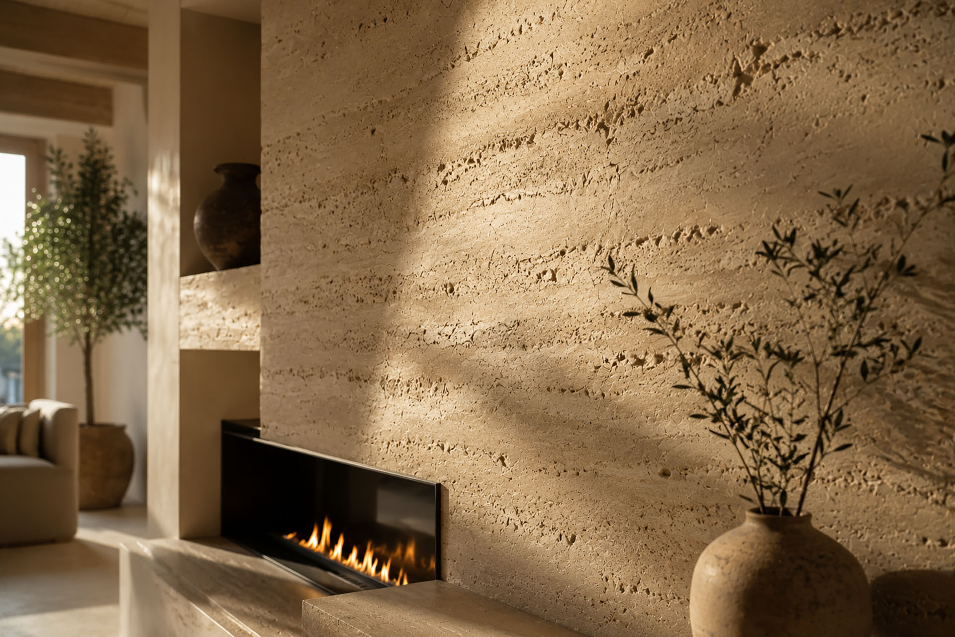 Travertino Venetian plaster fireplace wall with authentic natural stone texture and warm sculptural finish.