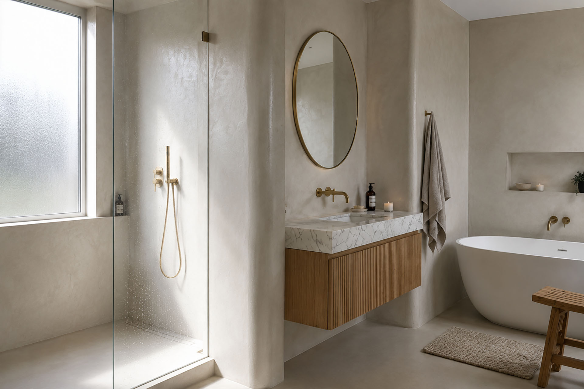 Luxury bathroom featuring seamless Venetian plaster walls with a walk-in shower, floating wood vanity, and freestanding bathtub.