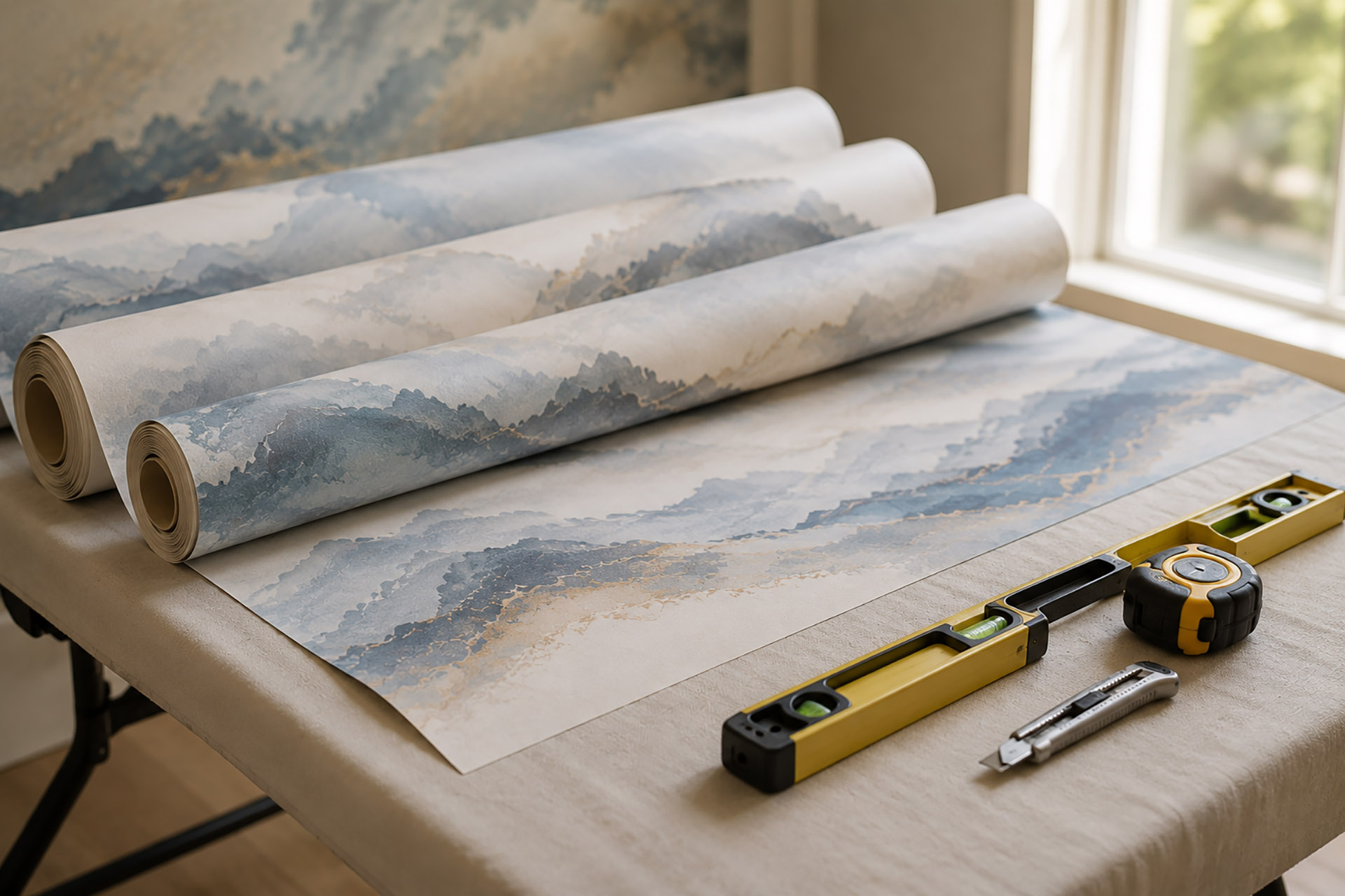 Rolled large-format mural panels with installation tools neatly arranged on a worktable before professional wall mural installation.