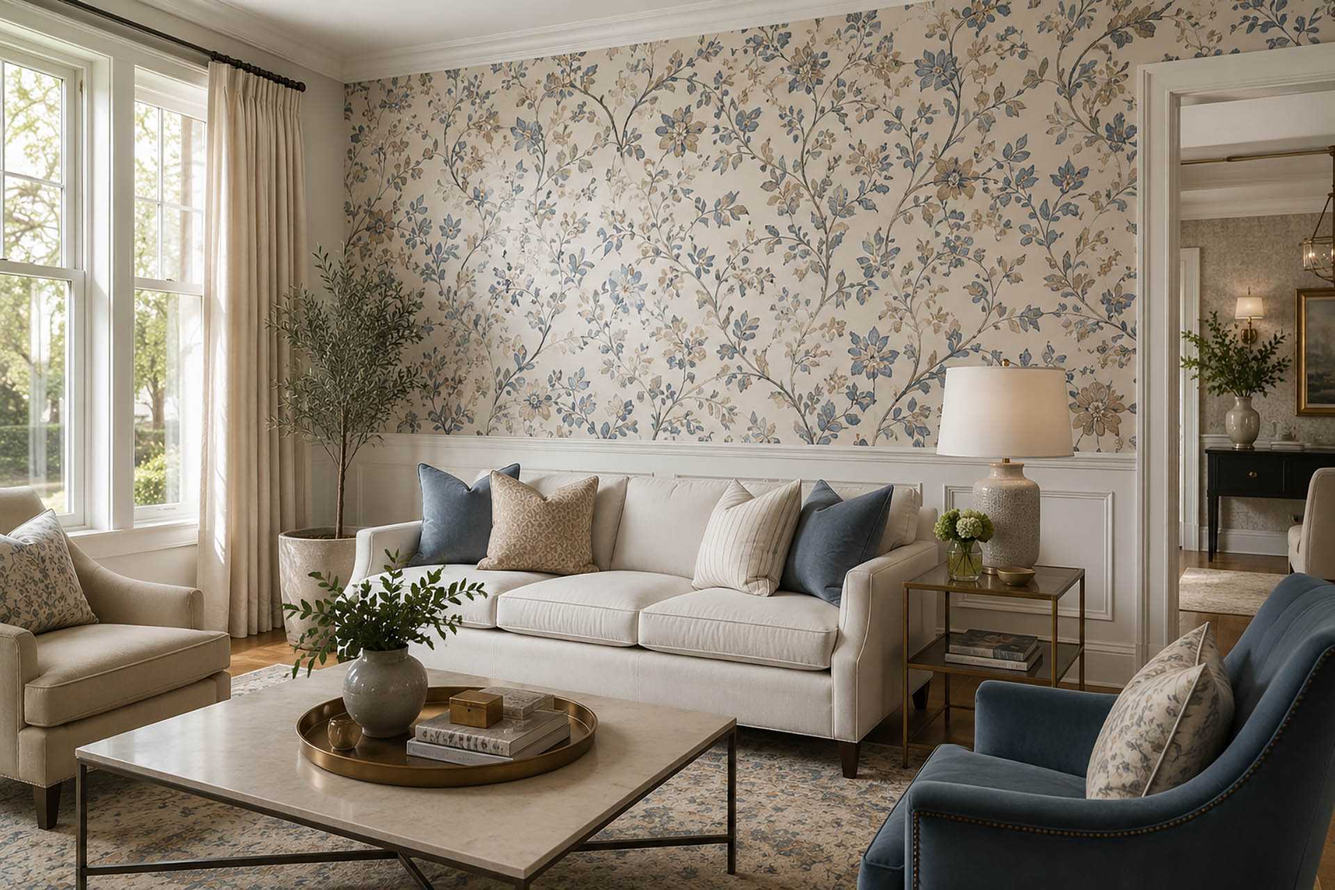 York Wallcoverings botanical wallpaper installed in a transitional living room with timeless blue and beige tones
