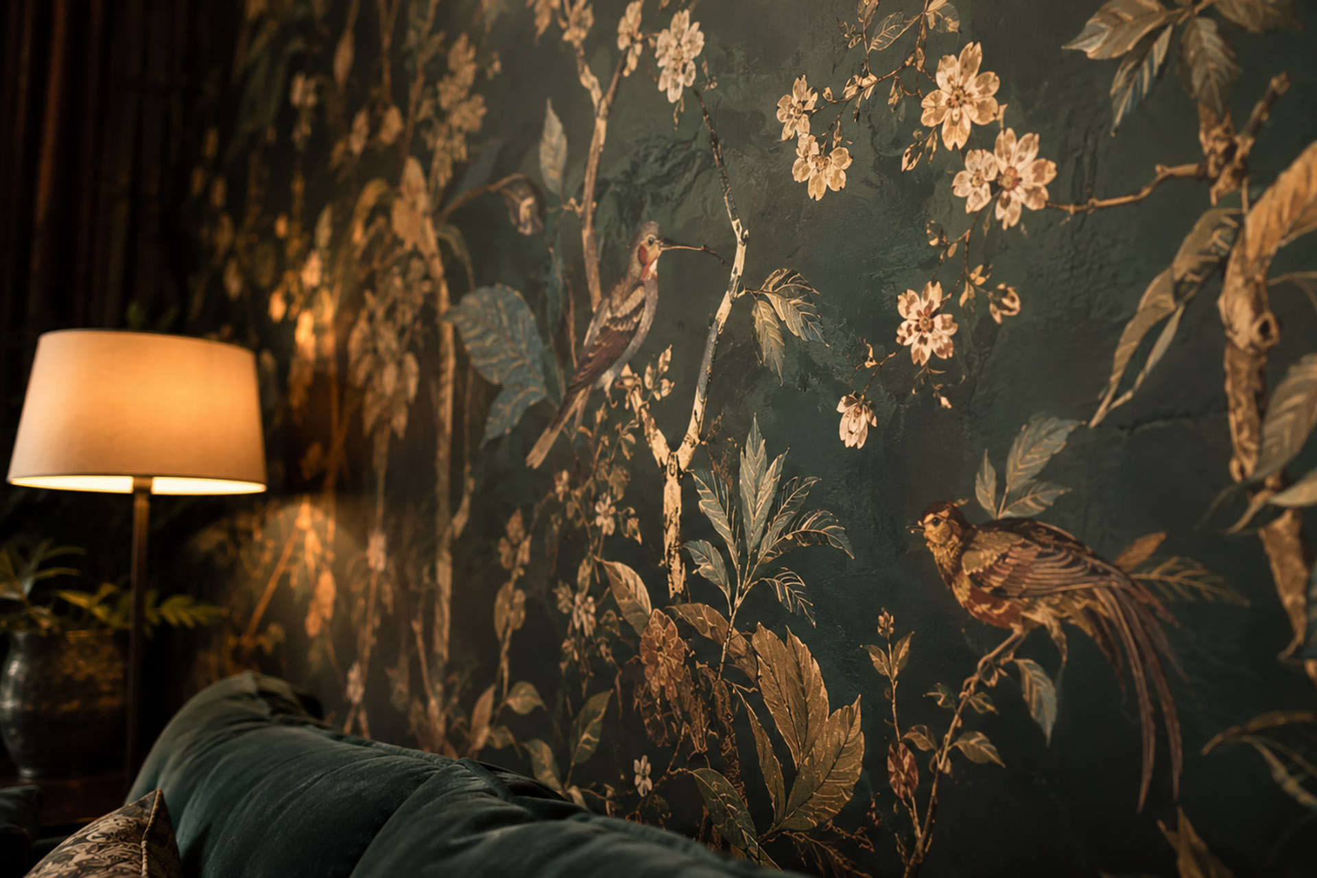 Close-up of luxury botanical wallpaper with hand-illustrated birds and foliage in a high-end residential interior.